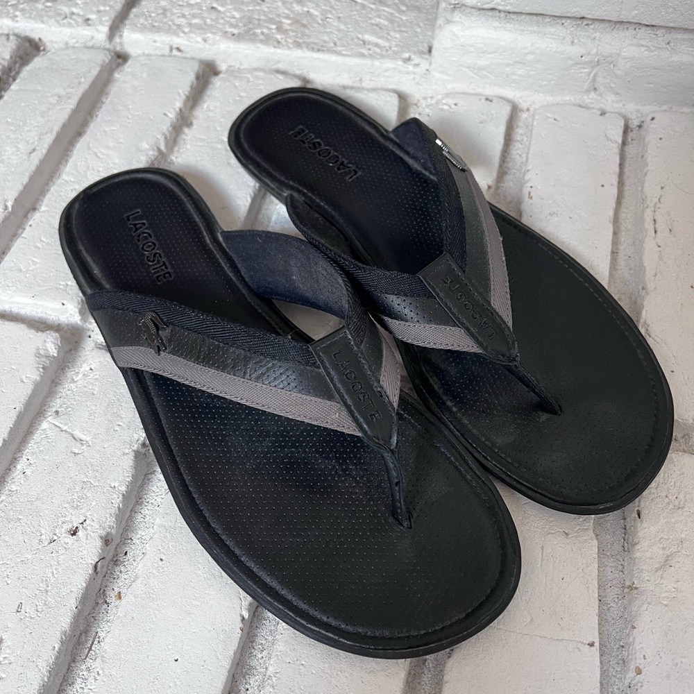Lacoste Men's Black and Gray Flip Flops - 11